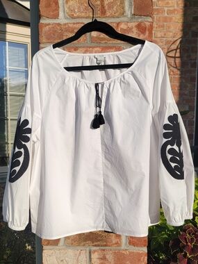 J. Crew White Peasant Top with Black Embroidered Sleeves